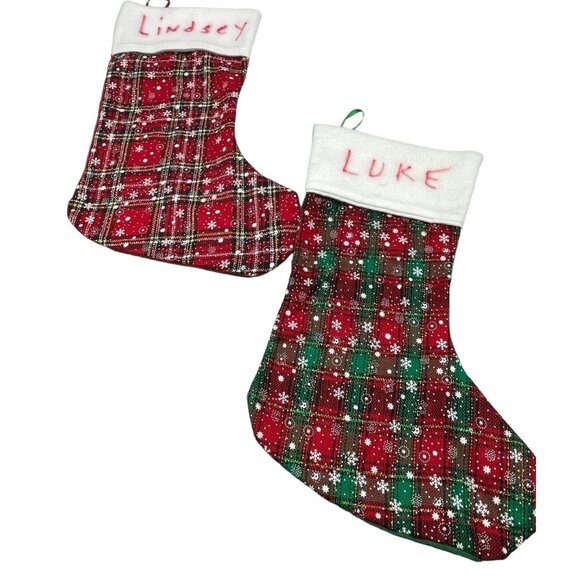 Christmas holiday stocking set 2 red green snowflakes hooks plaid soft felt READ - Picture 1 of 8